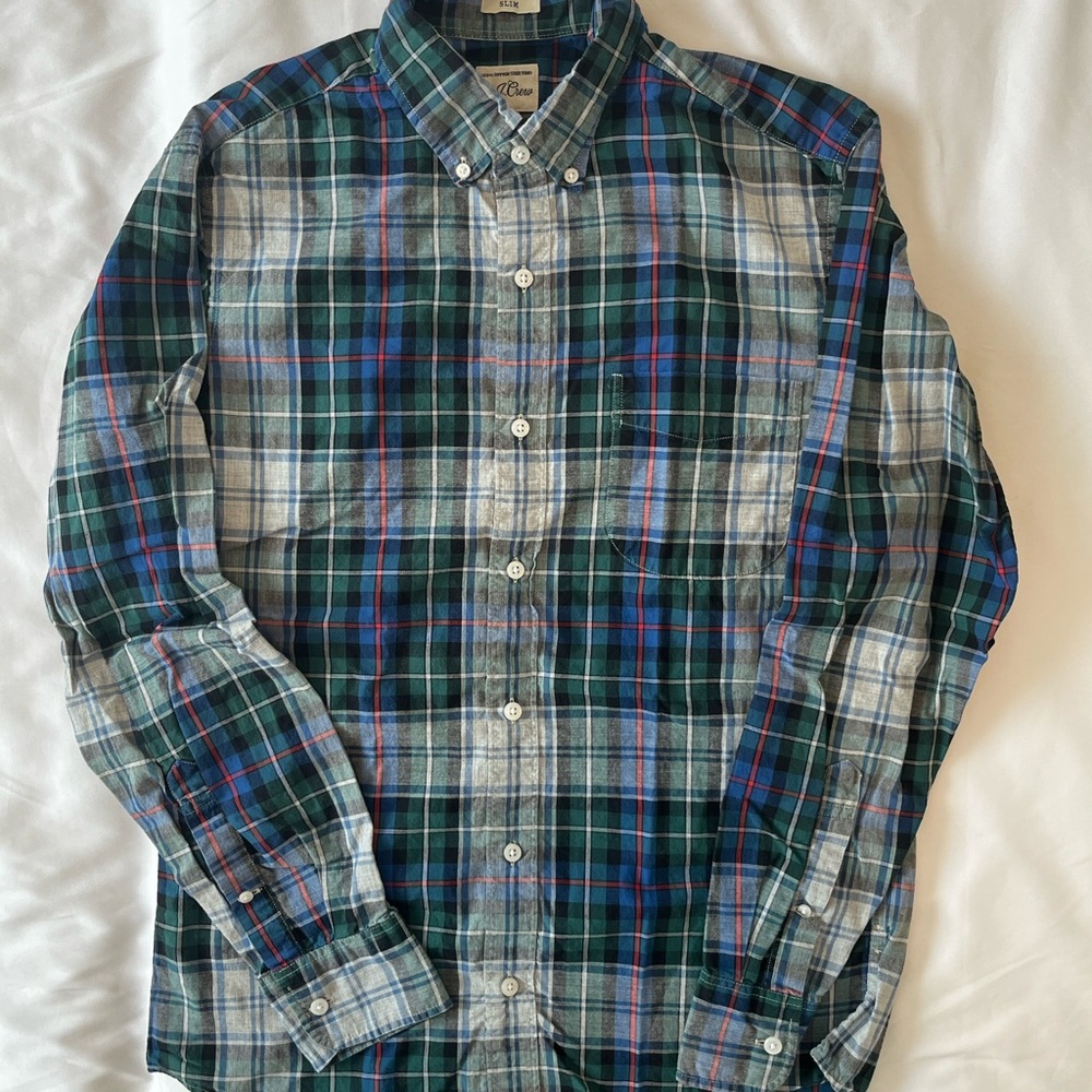 J. Crew Green and Blue Casual Button Down Shirt